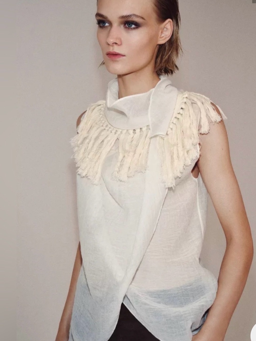 Zara Cream Fringe Scarf-Neck Sleeveless Top